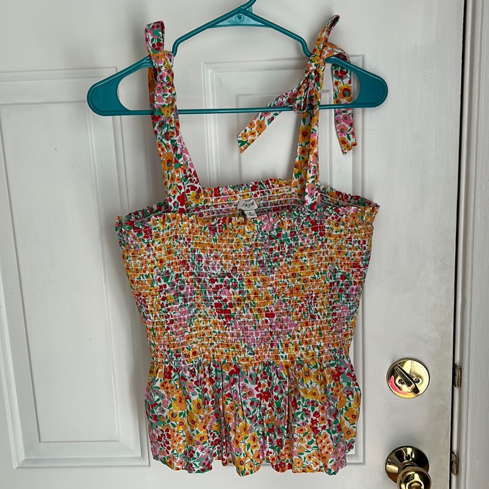 JCrew Factory Smocked Tie Shoulder Floral Tank Top - Picture 3 of 6